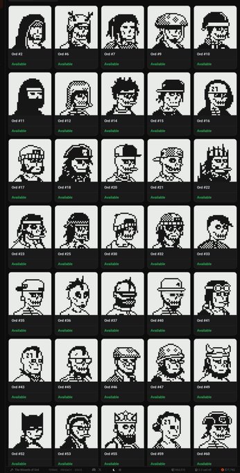 A grid display of pixel-art character portraits labeled 'Odd' with numbers, all marked 'Available' in green text, arranged in rows on a dark interface.
