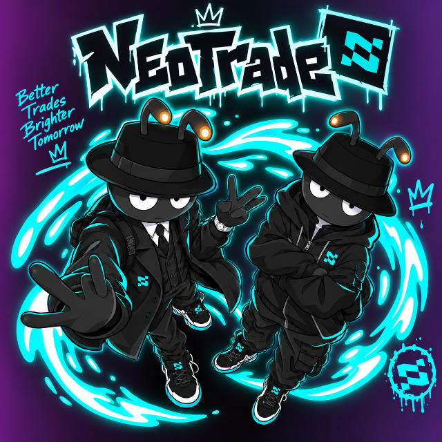 A vibrant graphic design featuring two ant-like characters in black suits and hats surrounded by a glowing blue swirl, with graffiti-style text 'NeoTrade' and the slogan 'Better Trades Brighter Tomorrow.'