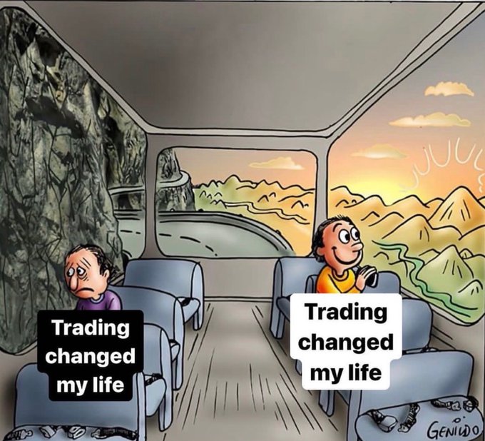 Two men sit in a bus labeled "Trading changed my life"—one faces a dark rock wall with a gloomy expression, while the other looks out at a bright, sunlit landscape with a smile. The image illustrates the post's message that mindset determines whether trading leads to despair or success, regardless of the journey.