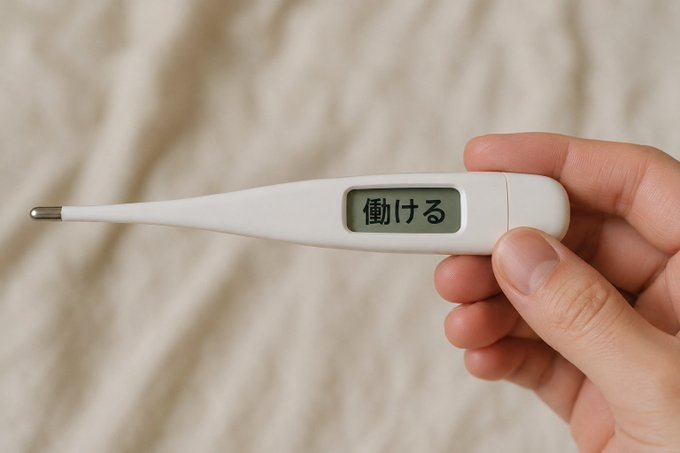 A hand holding a white digital thermometer displaying Japanese text '働ける' (meaning 'can work') instead of a temperature reading, against a beige fabric background.