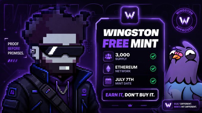 A pixelated character wearing VR-style sunglasses stands alongside a cartoon pigeon beside a purple promotional panel advertising the "WINGSTON FREE MINT" NFT drop, highlighting key details: 3,000 supply, Ethereum network, July 7th mint date, and the tagline "Earn it, don't buy it." The image visually reinforces the post's message that Wingston differentiates itself by requiring "proof" rather than payment, with the "Proof Before Promises" tag and "Wingston Approved" badge emphasizing merit-based access over traditional paid minting.