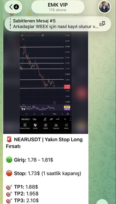 A Telegram post from EMK VIP (178 abone) titled "Sabitlenen Mesaj #5" showcases a NEARUSDT long trade setup with entry at 1.78-1.81$, stop at 1.73$ (1-hour close), and take profit levels at 1.88$, 1.95$, and 2.10$, highlighting a promising long opportunity near support.