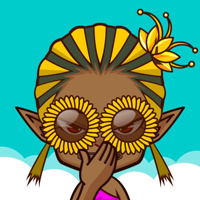 A cartoon-style character with dark skin and pointed ears wearing a yellow and green striped head wrap, sporting sunflower-shaped sunglasses and a yellow flower accessory, set against a turquoise sky background.