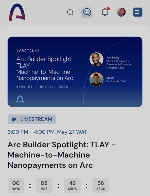 The image shows a phone screen with a website or app showing two slides from an arc session named "Arc Builder Spotlight" on a topic related to machine learning called "Machine-to-Machine Nanopayments on Arc". The background of the first slide is blue, while the second one has a pink color. Both slides contain information about live streaming and people joining the community who have contributed or are excited to join the platform.