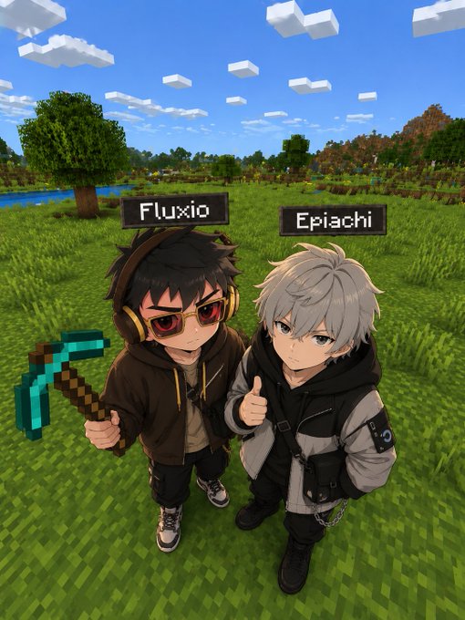Two anime-style avatars labeled 'Fluxio' (in a brown hoodie with a diamond pickaxe) and 'Epiachi' (in a black jacket giving a thumbs-up) stand in a Minecraft grass field.