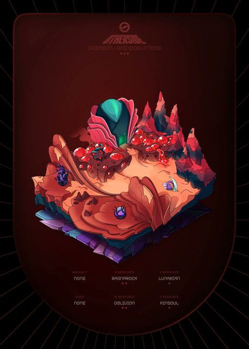 A digital illustration of a stylized, colorful 3D diorama or game level, possibly for Genshin Impact, featuring pink, red, and blue terrain with text detailing attributes like 'Element None' and 'Resources Ashrock'.