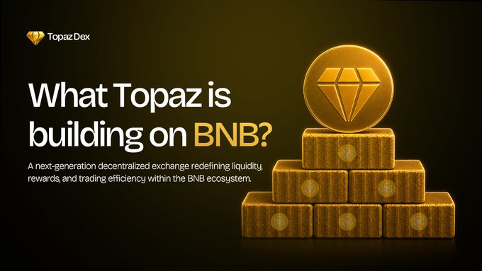The image features a stack of gold coins, with one coin being a diamond-shaped golden coin placed atop the other coins. The text above the coins reads "What Topaz is building on BNB? A next generation decrypted exchange redistributing liquidity rewards and trading efficiency with BNB ecosystem." This suggests that the image is related to the cryptocurrency world or blockchain technology, possibly discussing the development of a new cryptocurrency or the use of Bitcoin in particular.
