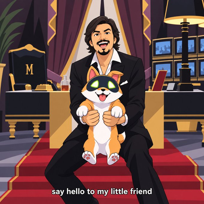 An animated character resembling a Smiling Friends-style boss holds a Shiba Inu wearing goggles in a luxury office, with the caption 'say hello to my little friend' referencing the Scarface line.