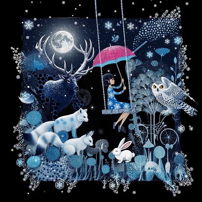 A whimsical nighttime illustration featuring a girl on a swing holding a pink umbrella, surrounded by glowing blue and white animals like a stag, fox, rabbit, and owl.