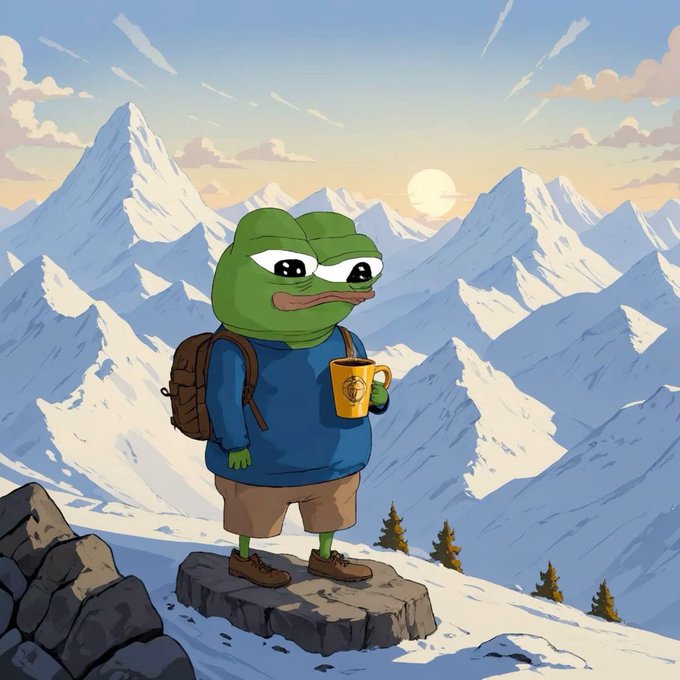 An illustration of a cartoon Pepe the Frog character dressed as a hiker with a backpack and mug, standing on a rocky outcrop overlooking a snowy mountain range at sunset.