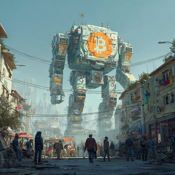 A dystopian digital artwork showing a massive robot-like mech bearing a Bitcoin '₿' logo looming over a crowded, impoverished urban street with pedestrians and vehicles.