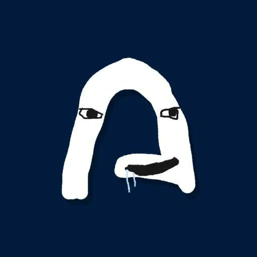 A crude white doodle of a distorted face with half-lidded eyes and a black mouth with dripping lines on a dark blue background.