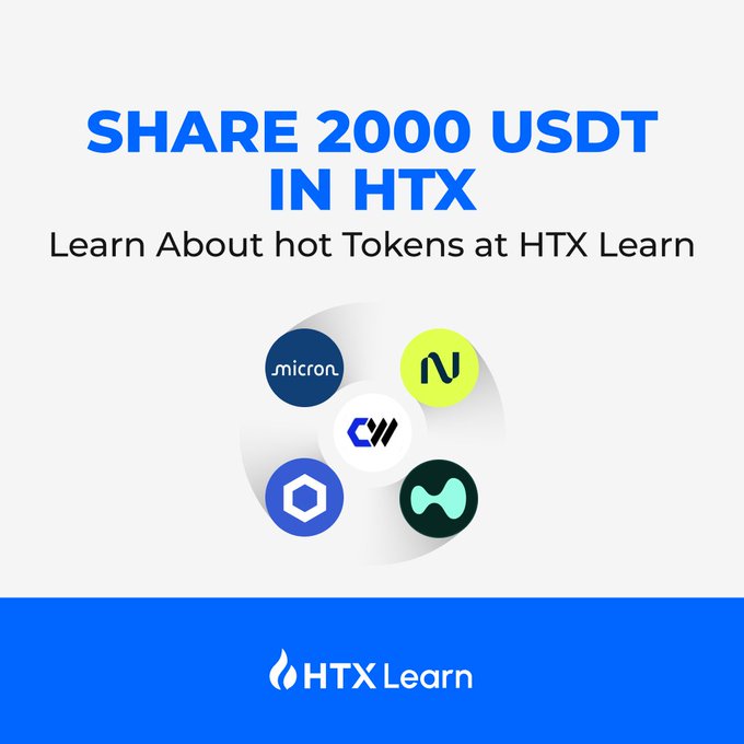 A promotional graphic for HTX Learn advertising 'SHARE 2000 USDT IN HTX' with logos for various cryptocurrencies including Micron, N, CW, Chainlink, and HTX.