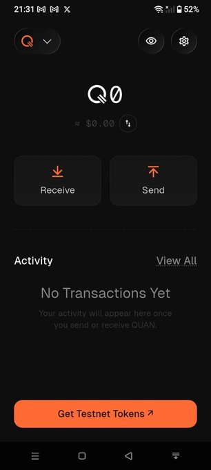 Screenshot of a cryptocurrency wallet app (Qubic) showing a $0.00 balance, Receive and Send buttons, 'No Transactions Yet' under Activity, and an orange 'Get Testnet Tokens' button at the bottom.