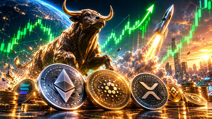 A powerful bronze bull charges forward amid a backdrop of rising green candlestick charts and a rocket launching skyward, with prominent cryptocurrency coins including Ethereum, Cardano, and XRP displayed in the foreground. The image visually reinforces the post's message about the altcoin bear market ending and a new bull run beginning.