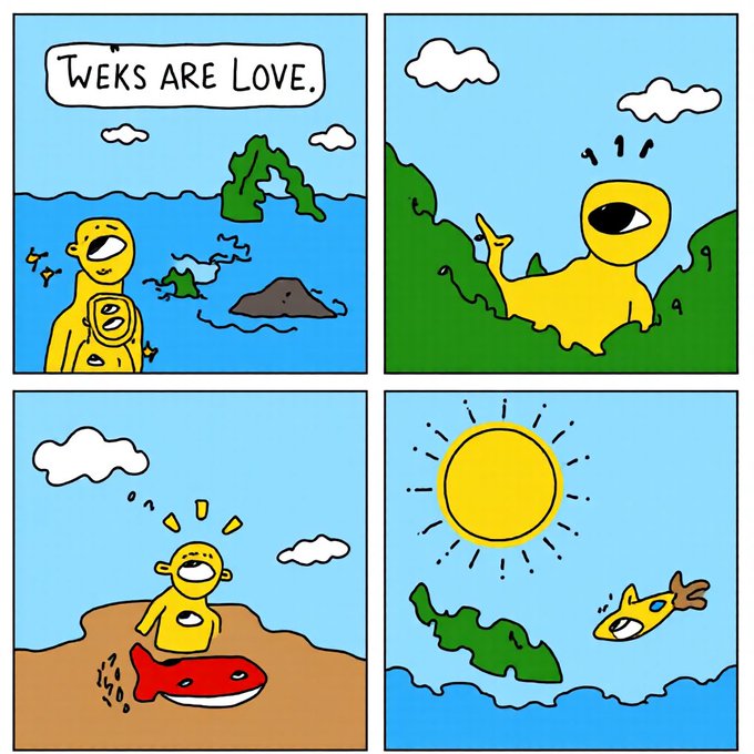 A four-panel cartoon shows yellow "Tweaks" creatures enjoying a beach day—speaking with a speech bubble reading "TWEAKS ARE LOVE," lounging in grass, celebrating beside a red fish, and flying with arms outstretched under a bright sun—capturing the playful, grateful spirit of the Labor Day post.