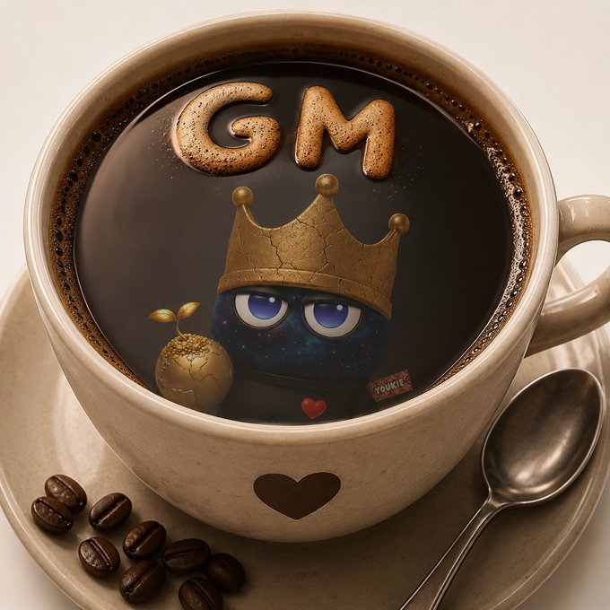 A cup of coffee features latte art spelling 'GM' above a cartoonish character wearing a golden crown with a small gold orb, set on a saucer with a spoon and coffee beans beside it.