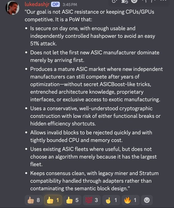 A Discord message from user "lukedashjr" outlining PoW goals, including ASIC resistance, security against 51% attacks, and compatibility, contextualizing a discussion about mining algorithm suggestions like scrypt or merge mining with Litecoin/Dogecoin.