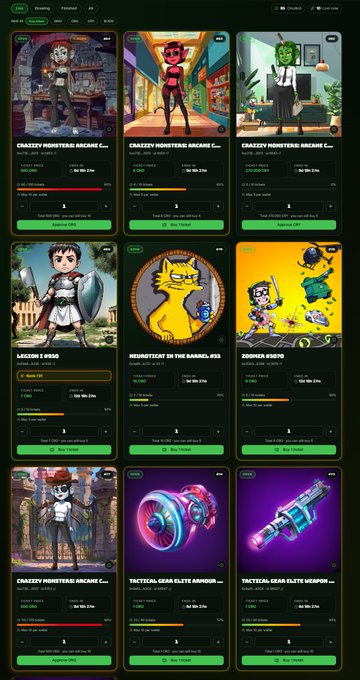 A mobile app interface displaying various digital collectible characters and items for sale, including 'CRAZZY MONSTERS! ARCANE' series, 'LEGION I #250', 'HEARTATTACK IN THE BARREL #163', 'ZOOMER #5670', and 'TACTICAL GEAR' items.