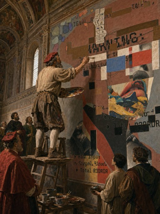 A classical Renaissance-style painting depicting an artist painting a fresco on a wall, overlaid with glitchy digital errors and distorted text fragments like 'WARNING'.