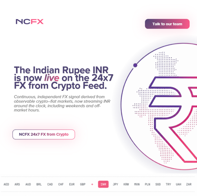 An NCFX promotional webpage announces 'The Indian Rupee INR is now live on the 24x7 FX from Crypto Feed,' featuring a large rupee symbol graphic.