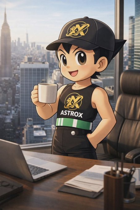 A cartoon-style illustration of a young boy wearing a black 'ASTROX' cap and tank top, holding a coffee mug in front of a city skyline and a laptop.