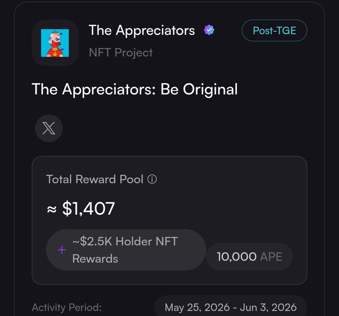 This image displays an Appreciationators' pool that has been locked in, giving only 20% of its reward poolers a share. The reward pool for this particular project is $10,000 AUD/APE. The creator's name in the top left corner reads "The Appreciators". Another creator's name, also in the top left corner but not visible in the image, has been edited to read "The Approcariat". The creators have recently completed a challenge and received an activity period of May 25, 2026-June 3, 2016.