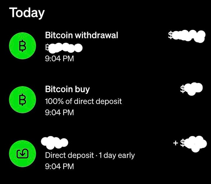 A screenshot of a financial app showing a direct deposit, a Bitcoin buy, and a Bitcoin withdrawal, each at 9:04 PM, with amounts obscured by clouds.