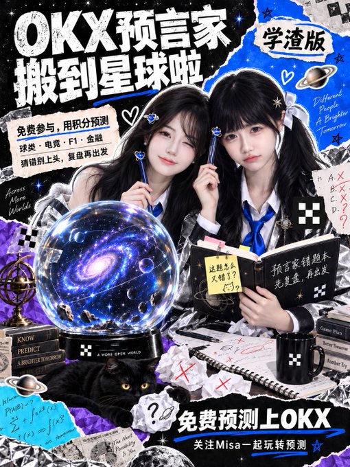 A promotional poster for OKX features two young women with celestial-themed accessories and text in Chinese including 'OKX预言家' and '免费预测上OKX', encouraging users to participate in predictions.