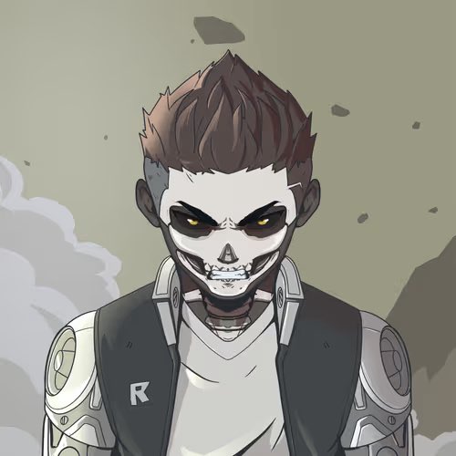 An anime-style character with skull face paint, spiky brown hair, and a cybernetic body featuring "R" on its chest stands against a dusty, war-torn background. The image depicts the "Skelly Racerz" NFT that just sold at an all-time high of 0.25 ETH, fitting the post's celebratory tone about a new ATH sale.