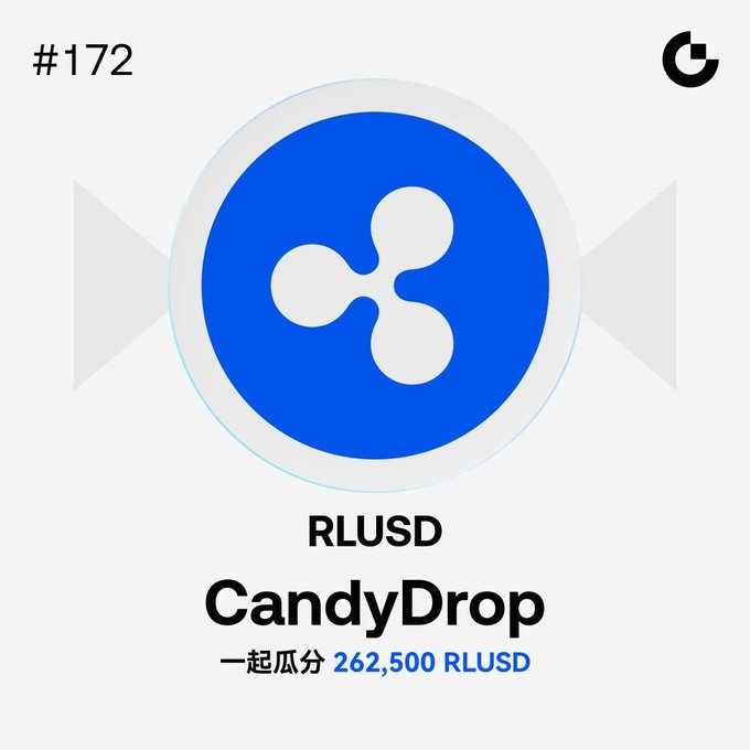 RLUSD CandyDrop promotional graphic showing the #172 event with 262,500 RLUSD prize pool and the Ripple logo.