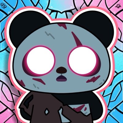 A cartoon illustration of a grey panda-like character with large white glowing eyes, red markings on its face, wearing a tattered dark robe against a stained glass background.