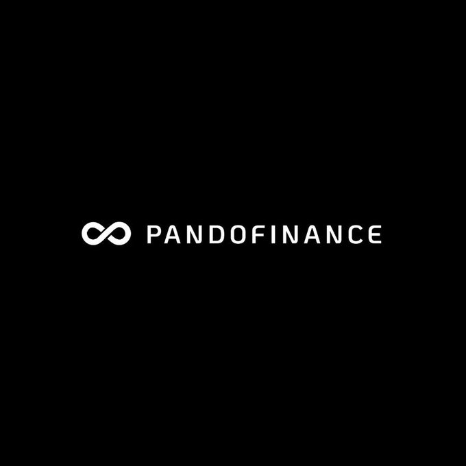 A minimalist black screen displaying the white PandoFinance logo, featuring an infinity symbol made of two interlocking circles.