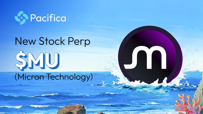 A promotional graphic from Pacifica announcing a 'New Stock Perp $MU (Micron Technology)' with a purple logo against an ocean wave background.