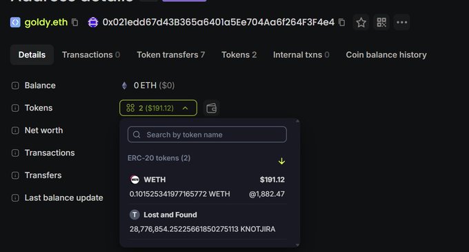 The image shows a blockchain explorer page for the address "goldy.eth" (0x021edd67d43b365a6401a5e704a6f264f3f4e4), highlighting its token holdings of 2 ERC-20 tokens worth $191.12, including 0.101525341971765772 WETH ($1,882.47) and 28,776,854.25225661850275113 KNOTJIRA ("Lost and Found") tokens. The accompanying post references this address accumulating 2.8% of token supply and WETH, suggesting they be onboarded with all fees routed to their wallet.