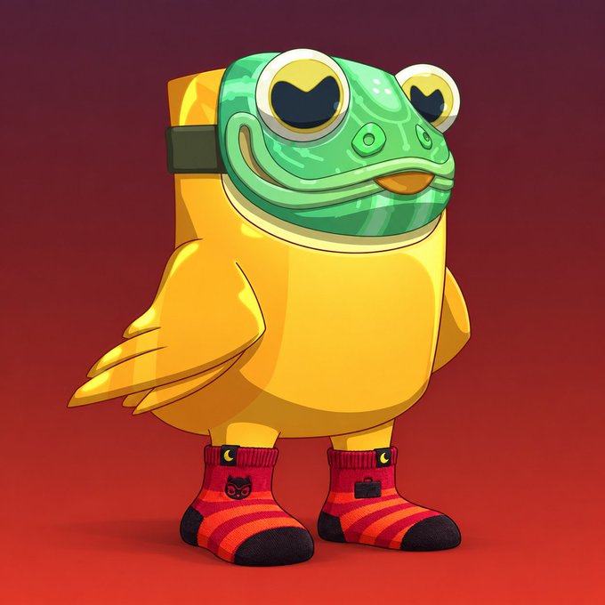 A digital illustration of a yellow bird-like creature wearing a green frog mask and red striped socks with small black cat and camera icons.