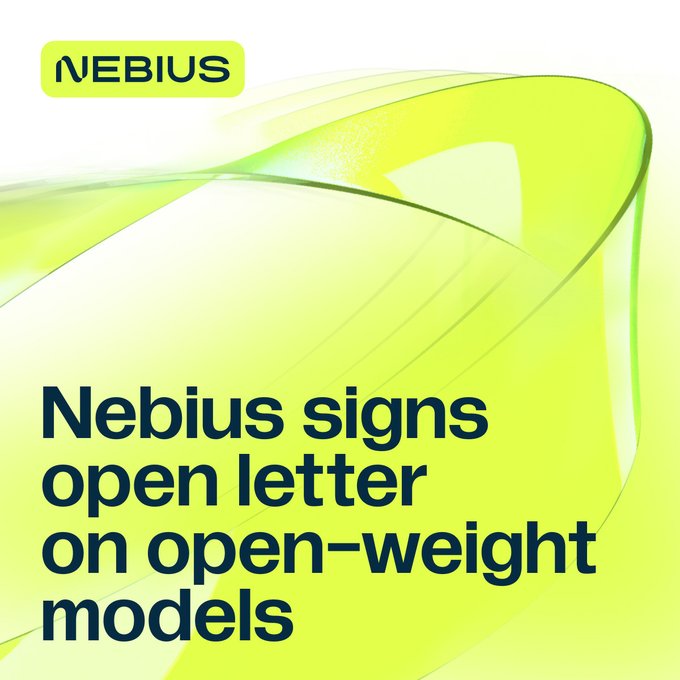 A promotional graphic featuring the Nebius logo at the top left with a flowing green and yellow abstract background, displaying the headline "Nebius signs open letter on open-weight models," which corresponds to the $NBIS stock announcement about the company joining the open-weight model initiative.