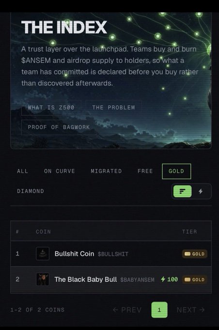 A webpage screenshot of 'THE INDEX' showing a cryptocurrency launchpad platform with Gold tier coins including 'Bullshit Coin' and 'The Black Baby Bull'.