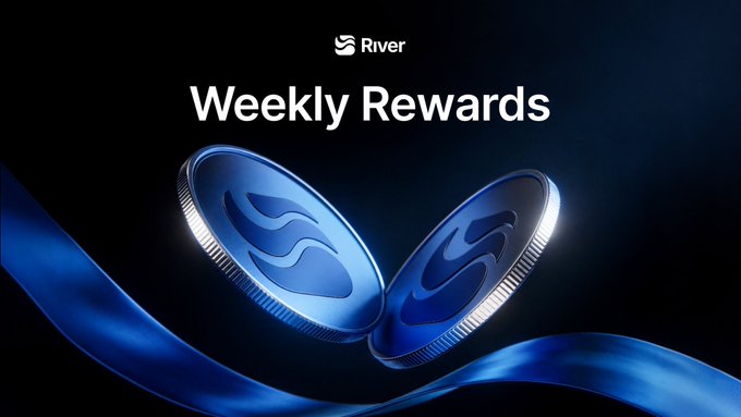 A promotional graphic for 'River Weekly Rewards' featuring two blue coins with the River logo against a dark background.