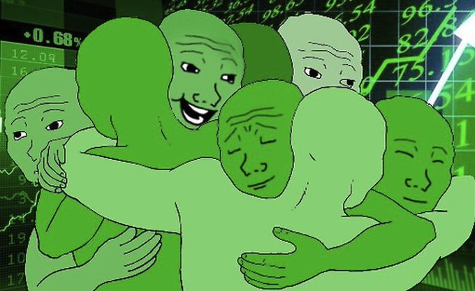 A group of green Wojak meme characters embrace and laugh in unison, set against a backdrop of rising stock market tickers and numbers like "98.69," "96.5," and "+0.68%," symbolizing the celebratory hype around the $ANSEM pump and the cheap trading fees advertised on Lbank exchange.