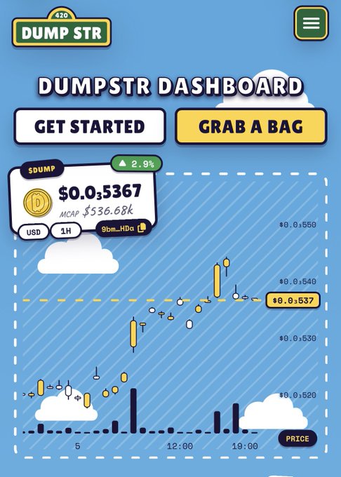 The image shows the "Dumpstr Dashboard" with a $DUMP token currently priced at $0.05367 and a market cap of $536.68k, tracking progress toward the $5M MC milestone mentioned in the post. Candlestick price charts and upward momentum (2.9%) visually reinforce the bullish conviction about $DUMP being early before it surges past the team's target.