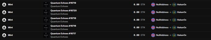A screenshot showing five consecutive 'Mint' transactions for 'Quantum Echos' NFTs (#16716-16720) at 0.00 ETH, all going from NullAddress to Hakan0x.
