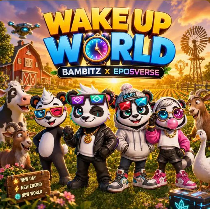 Vibrant promotional artwork titled 'WAKE UP WORLD BAMBITZ X EPOSVERSE' featuring stylized panda characters wearing sunglasses and streetwear in a farm setting with a windmill and barn.