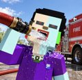 A Minecraft-style character with a white blocky head, red eyes, and purple clothing standing outdoors with a fire truck in the background.