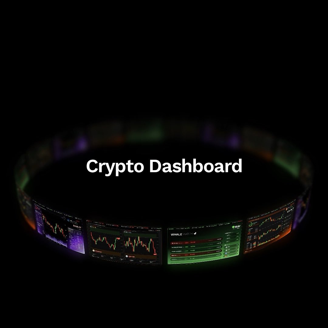 A dark-themed graphic displaying 'Crypto Dashboard' in the center, surrounded by a circular arrangement of financial charts and data screens.