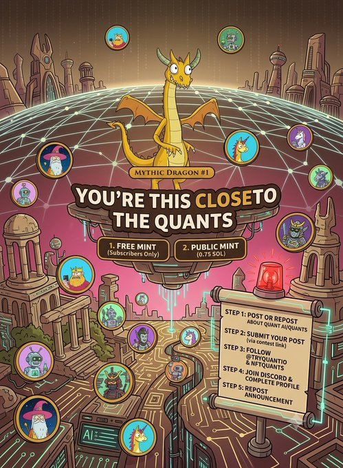 A colorful promotional graphic for 'MYTHIC DRAGON #1' titled 'YOU'RE THIS CLOSE TO THE QUANTS,' outlining mint options (Subscribers Only and Public Mint at 0.75 SOL) with social media engagement steps.