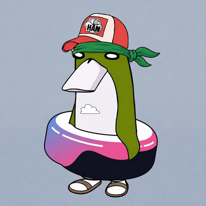 A cartoon penguin mascot with a green head and flag-print cap reading "HAM," wearing a colorful swimsuit ring, sits against a gray background—illustrating the playful branding style typical of memecoin projects like HAM, the kind of ecosystem token pools.fun would target for buyback and burns.