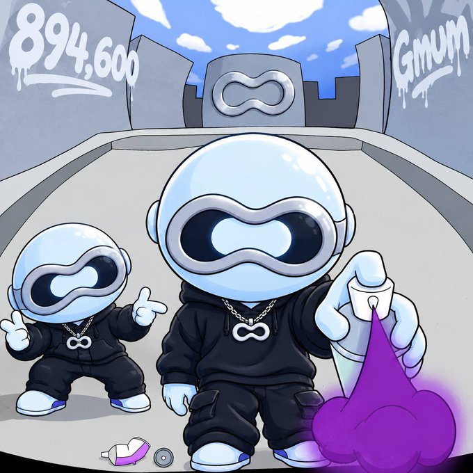 A cartoon-style illustration featuring two stylized characters with infinity symbol helmets holding spray paint cans, with the text '894,600' and 'GMUM' visible.