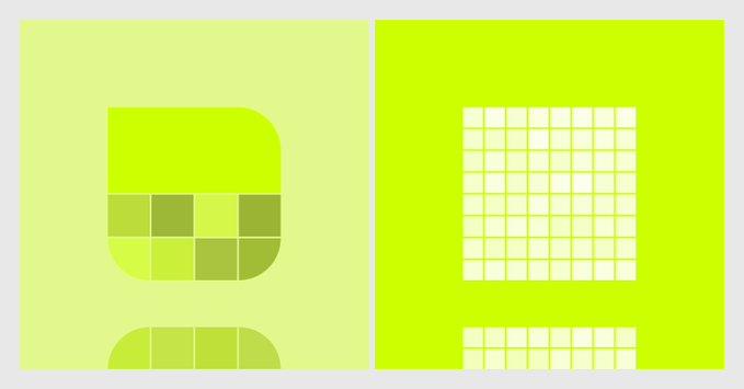 An abstract graphic featuring geometric shapes in shades of green and yellow-green, including rounded forms with grid patterns and a larger grid section.