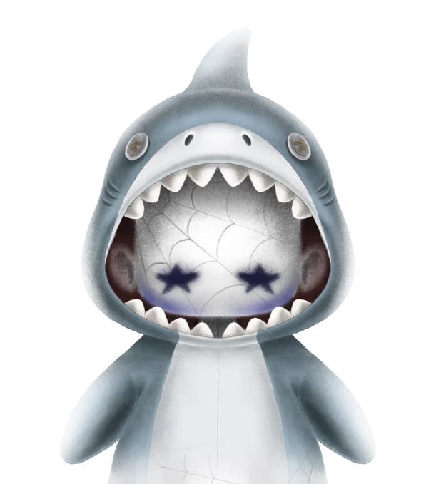 A plush toy of a cartoonish grey shark with an exaggerated, wide-open mouth revealing sharp teeth and a white interior, standing against a plain white background.